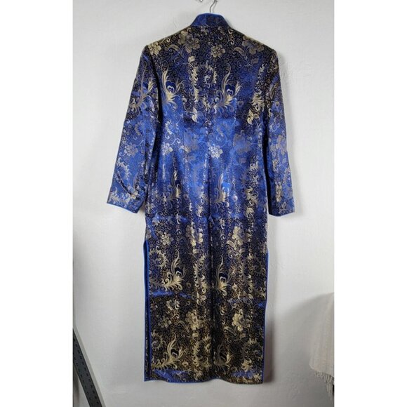 Hongdu Chinese Traditional Style Evening Dress Blue/Gold Floral High Slit - Picture 2 of 10
